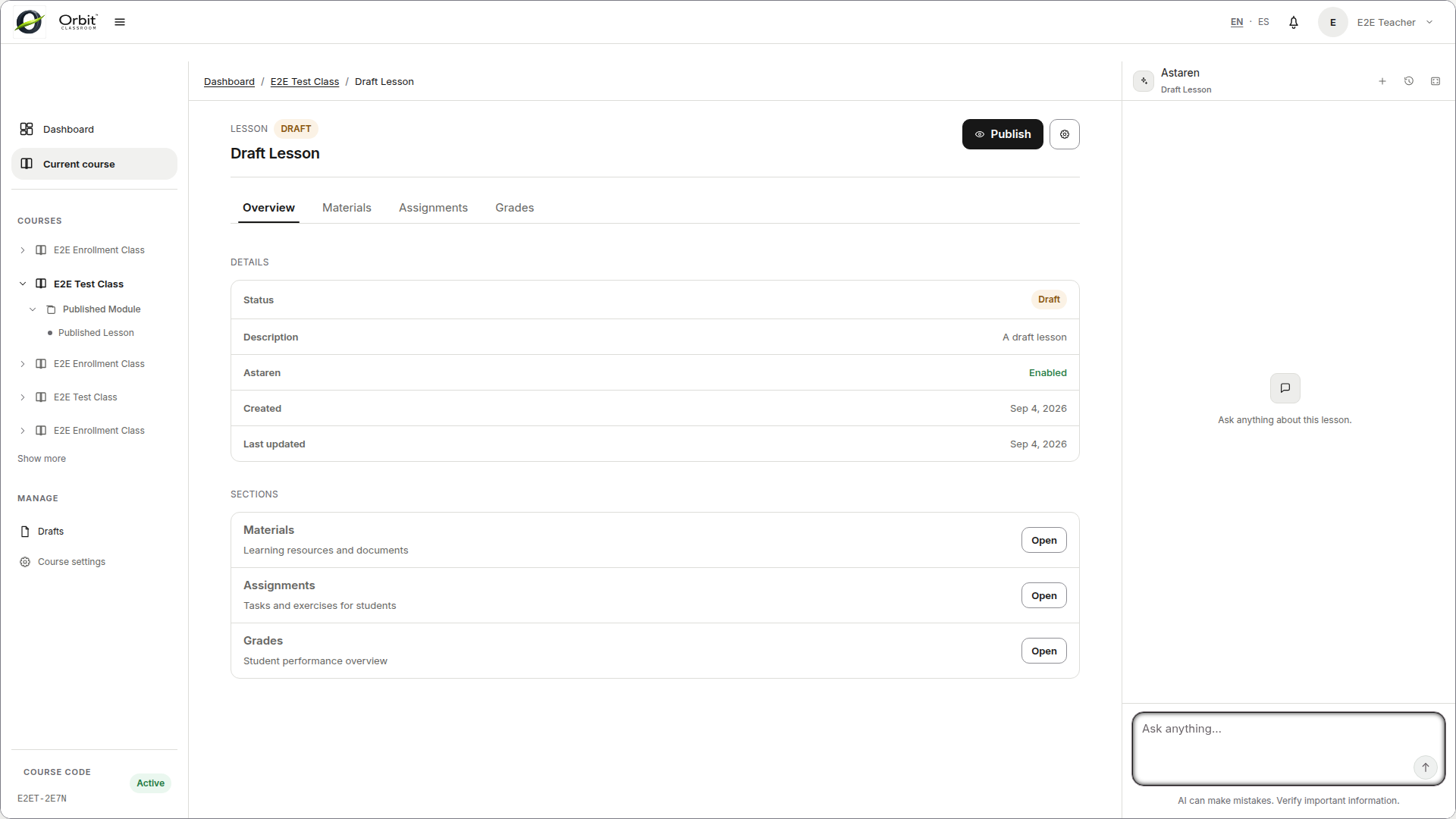nav-drafts-and-settings — Access to the Drafts view and access to Class Settings inside the workspace.