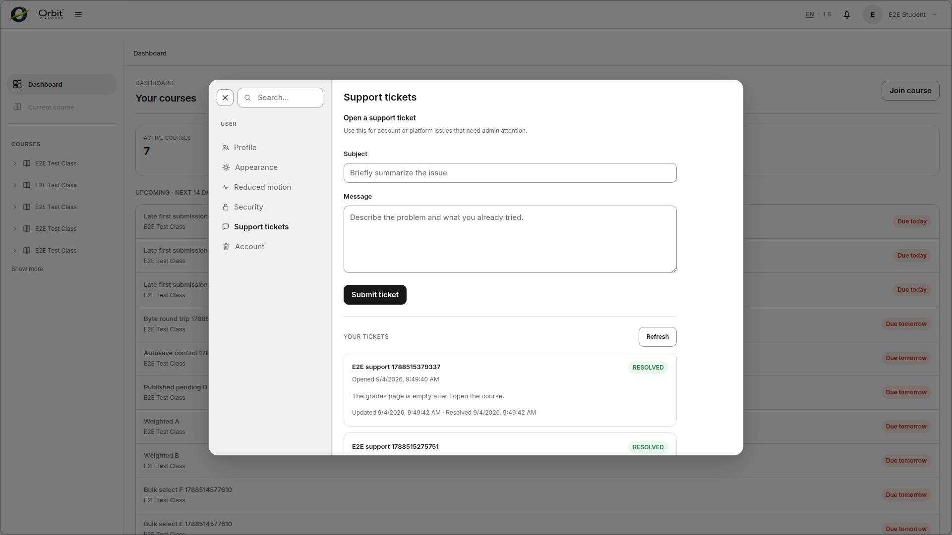 User support-ticket settings