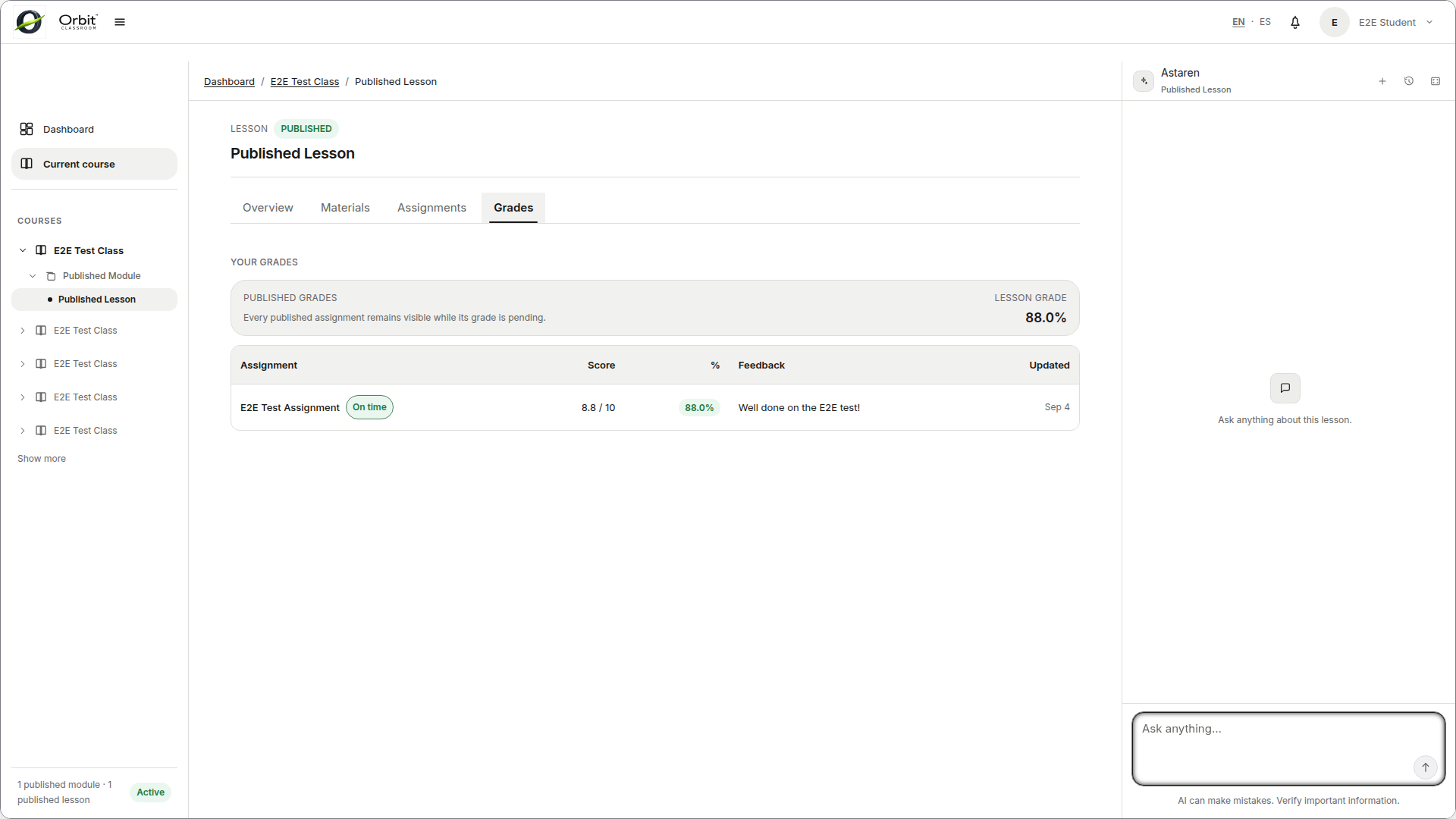 student-grades-view — tab with assignment table and detail panel showing grade and feedback.