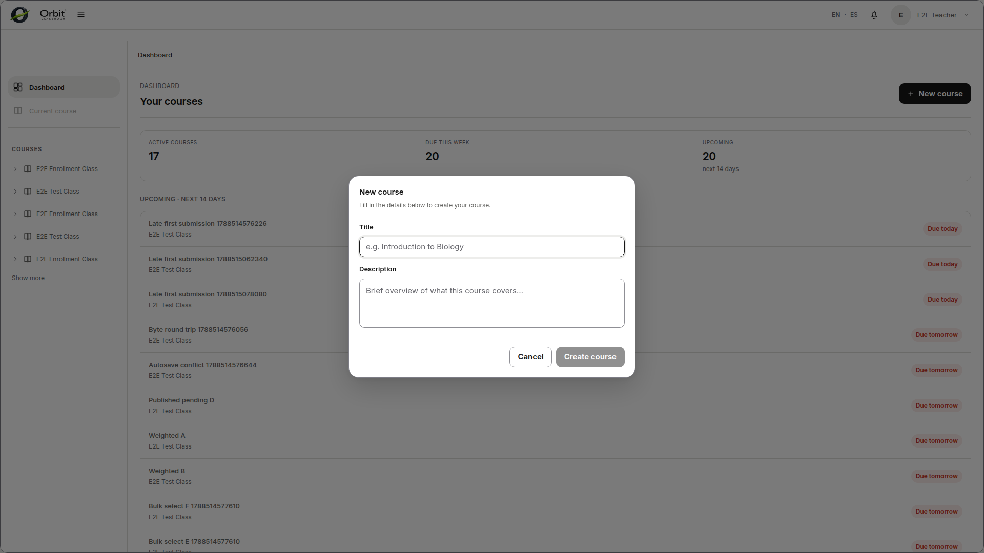 teacher-create-class — New class form with and .