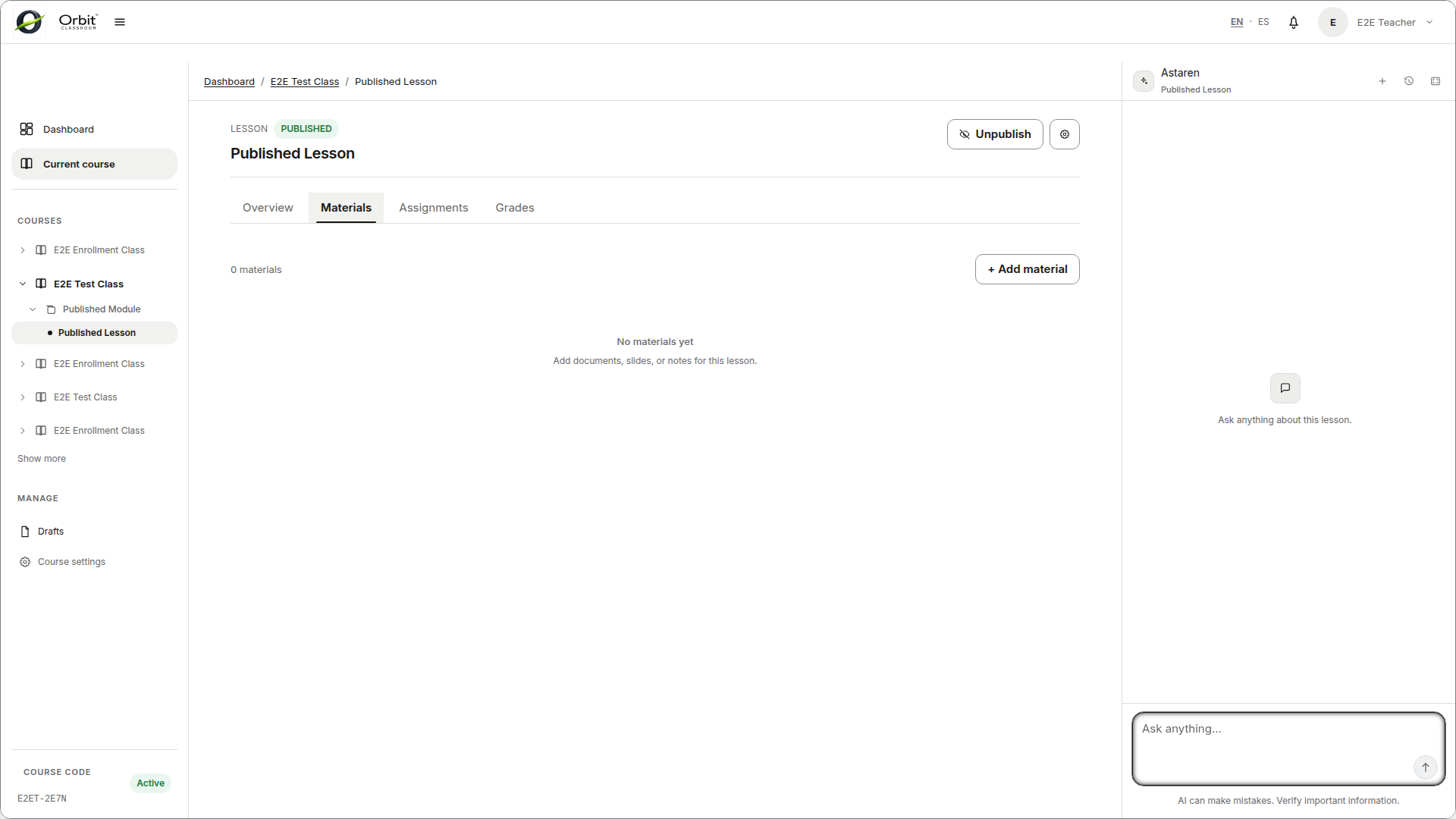 teacher-manage-materials — tab with upload, reuse, publish actions, and processing status.