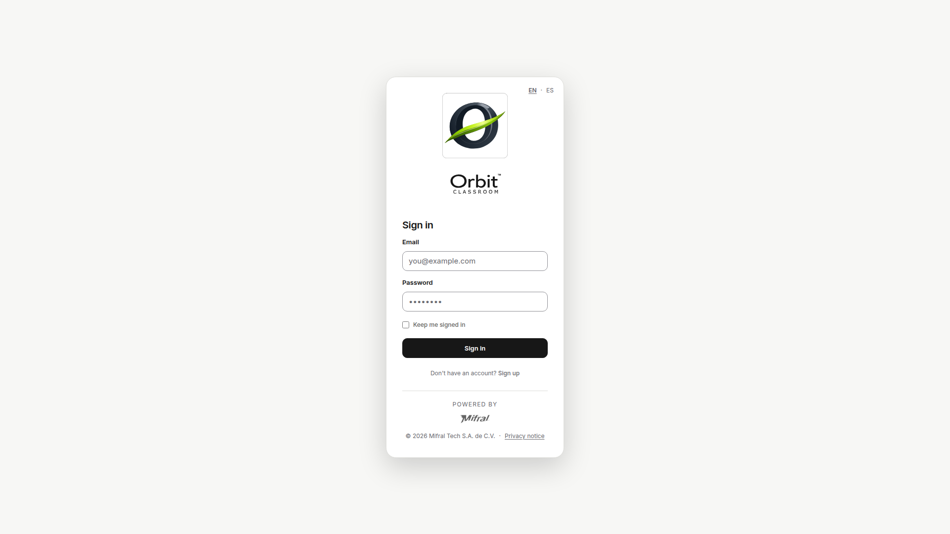 Pantalla de inicio de sesión de Orbit