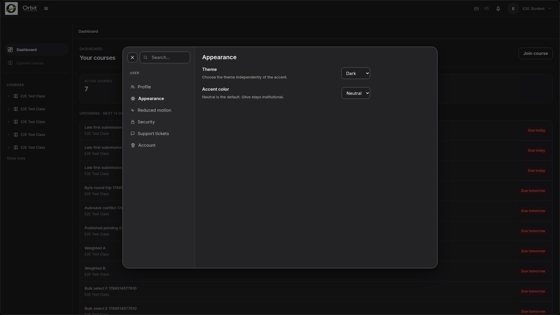 Configuración de apariencia en modo oscuro