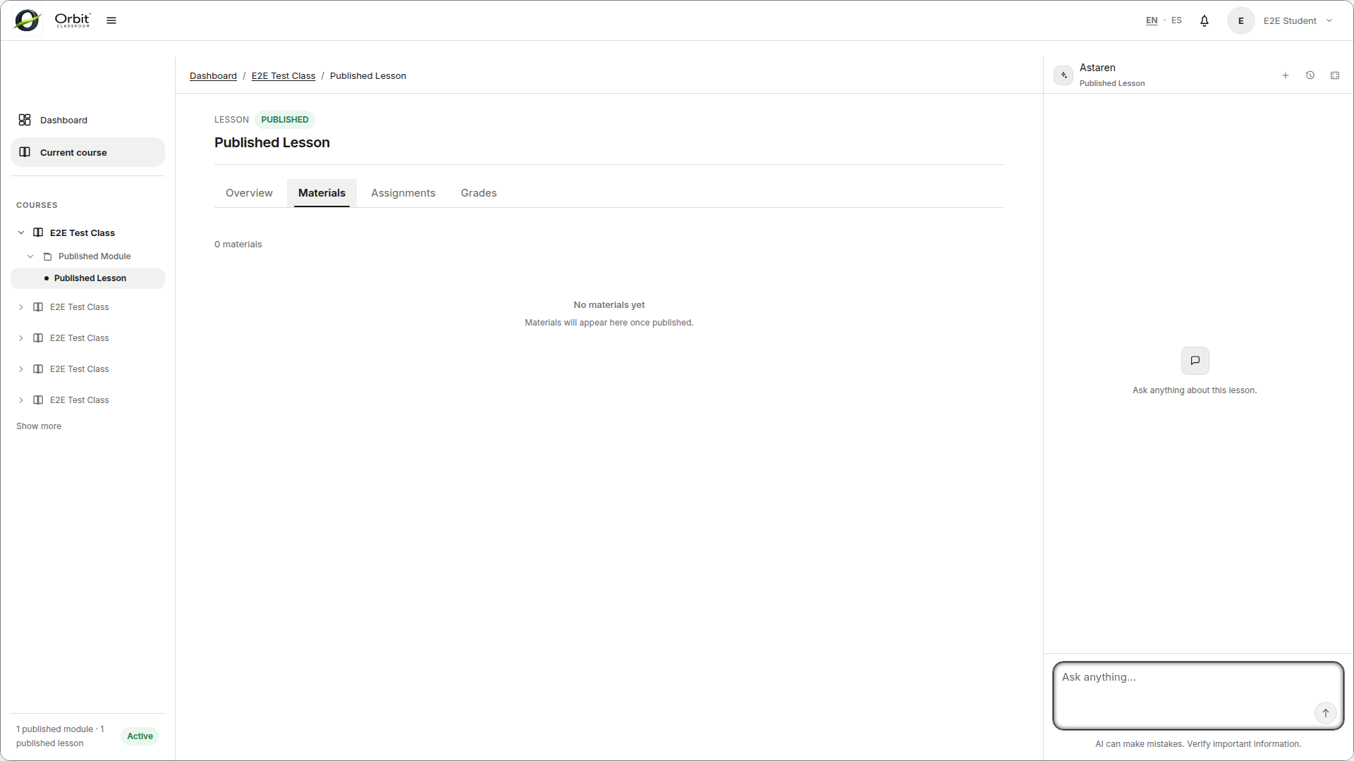 student-materials-open — tab  con items publicados y accion de apertura.