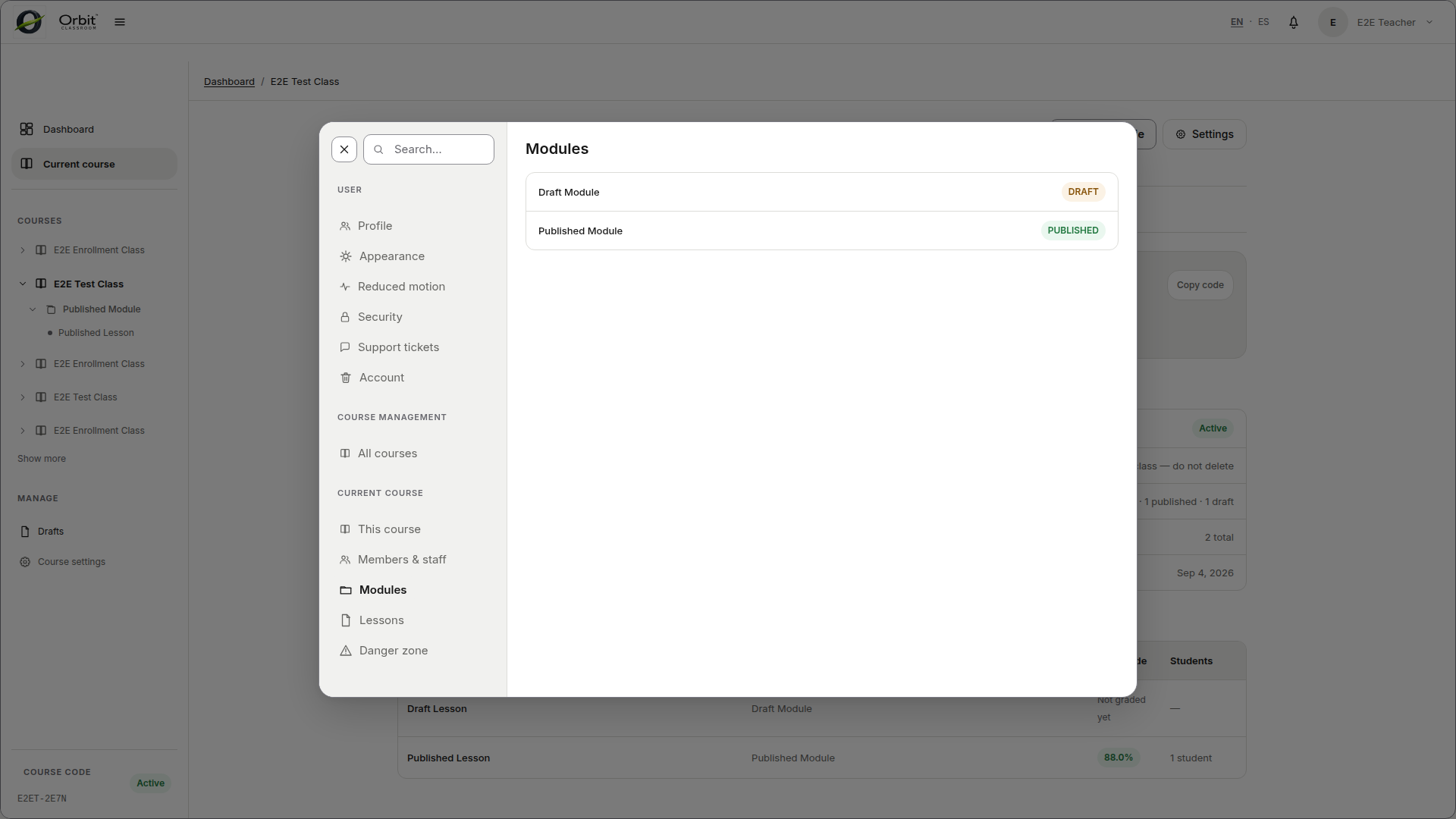 Controles del ciclo de vida de módulos y lessons