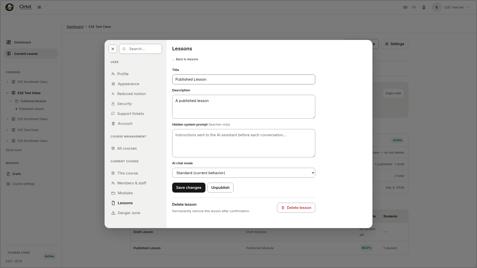 teacher-lesson-ai-chat-mode — Lesson Settings con el dropdown de AI chat mode.